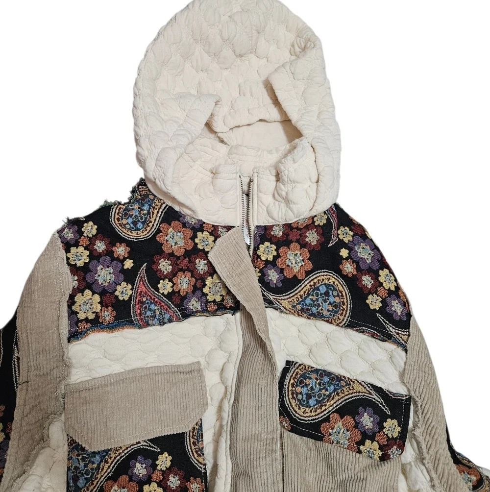 POL Boho Bold Quilted Hooded Jacket Patchwork Corduroy NEW